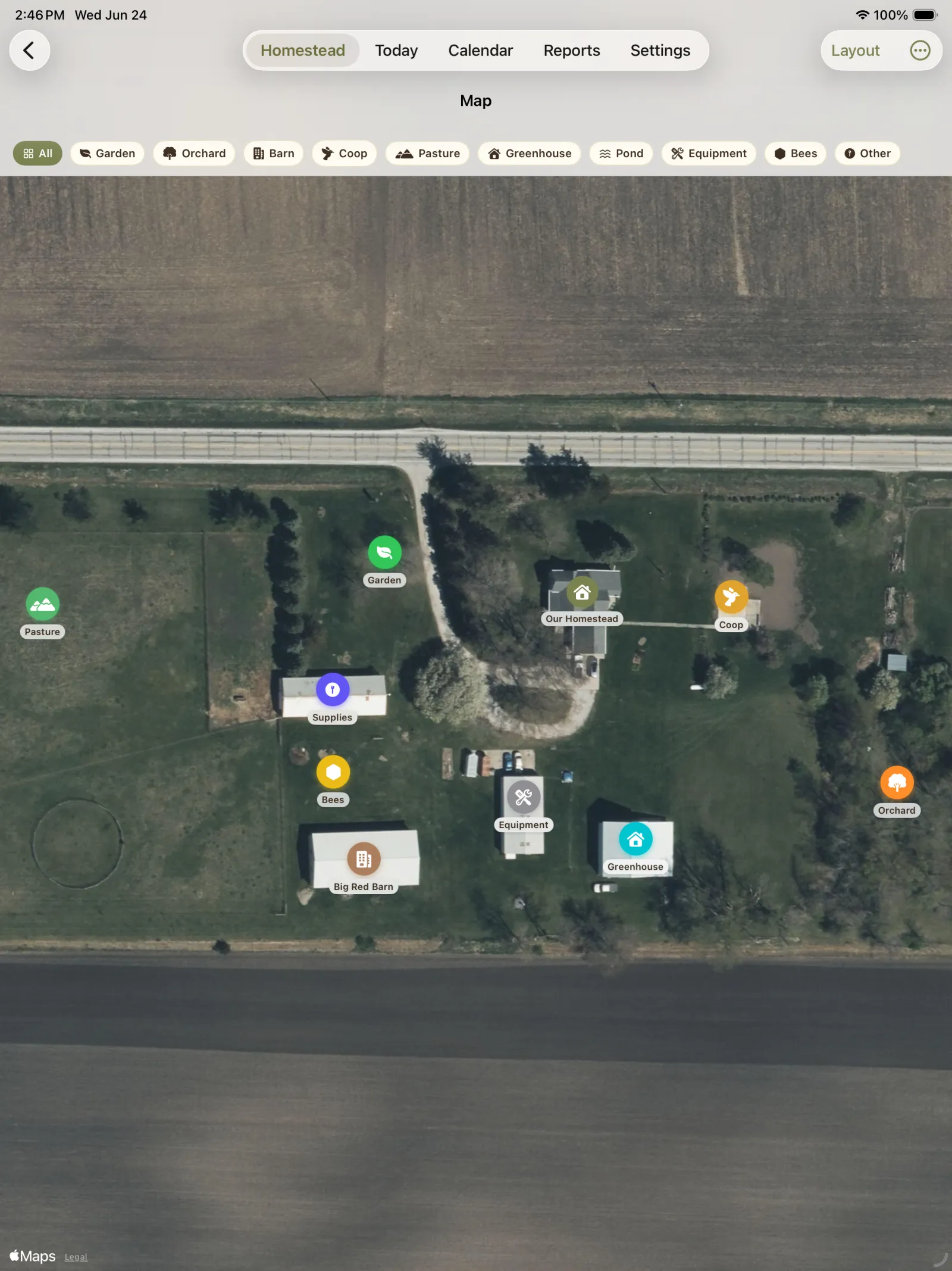 Homestead Keeper map showing a satellite view of a homestead with labeled places and record markers.